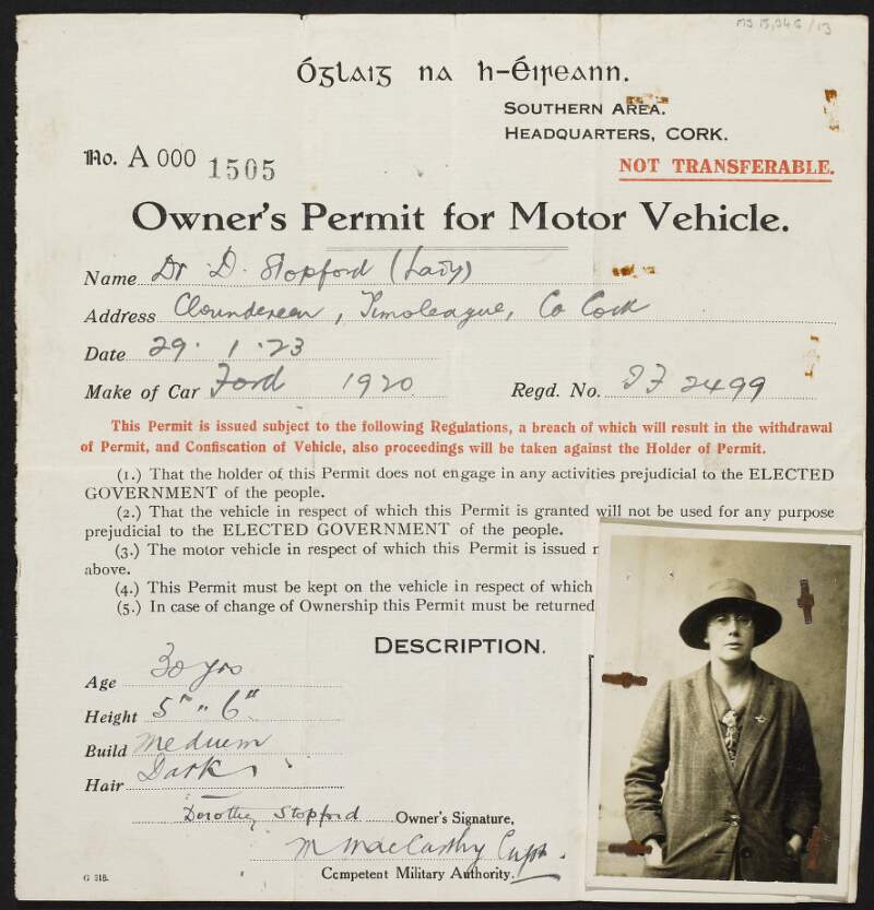 Owner's Permit for Dorothy Stopford Price's Ford motor vehicle, with an attached photograph of Stopford Price,