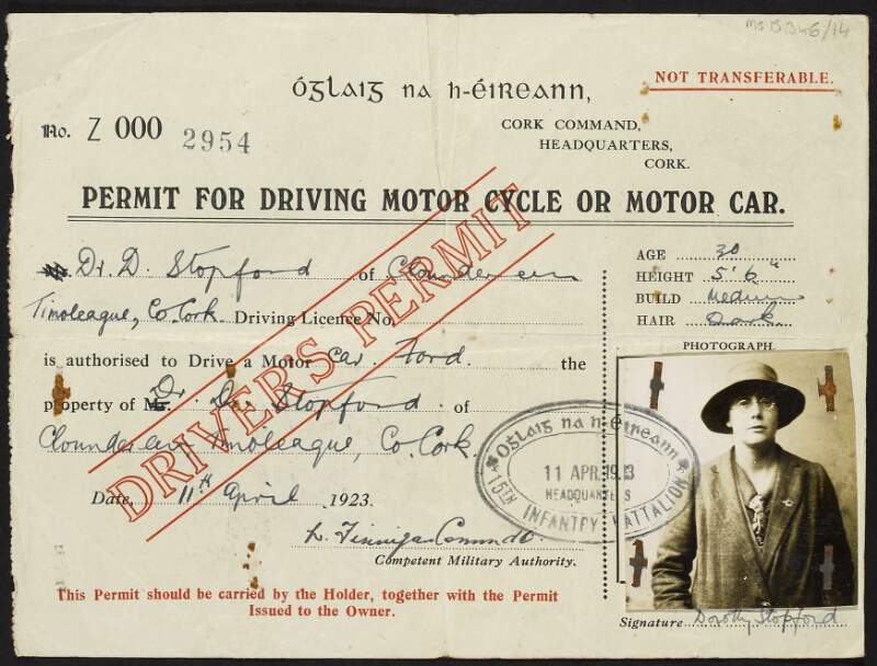 Permit for Driving a Motor Cycle or Motor Car for Dorothy Stopford Price's Ford motor vehicle, with an attached photograph of Stopford Price,