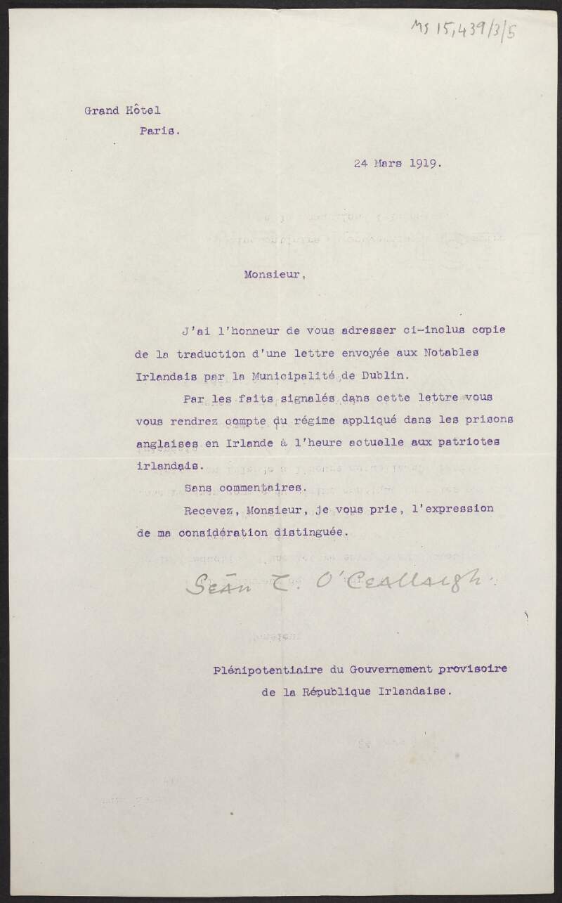 Letter from Seán T. Ó Ceallaigh to unidentified recipient regarding the treatment of Irish prisoners,
