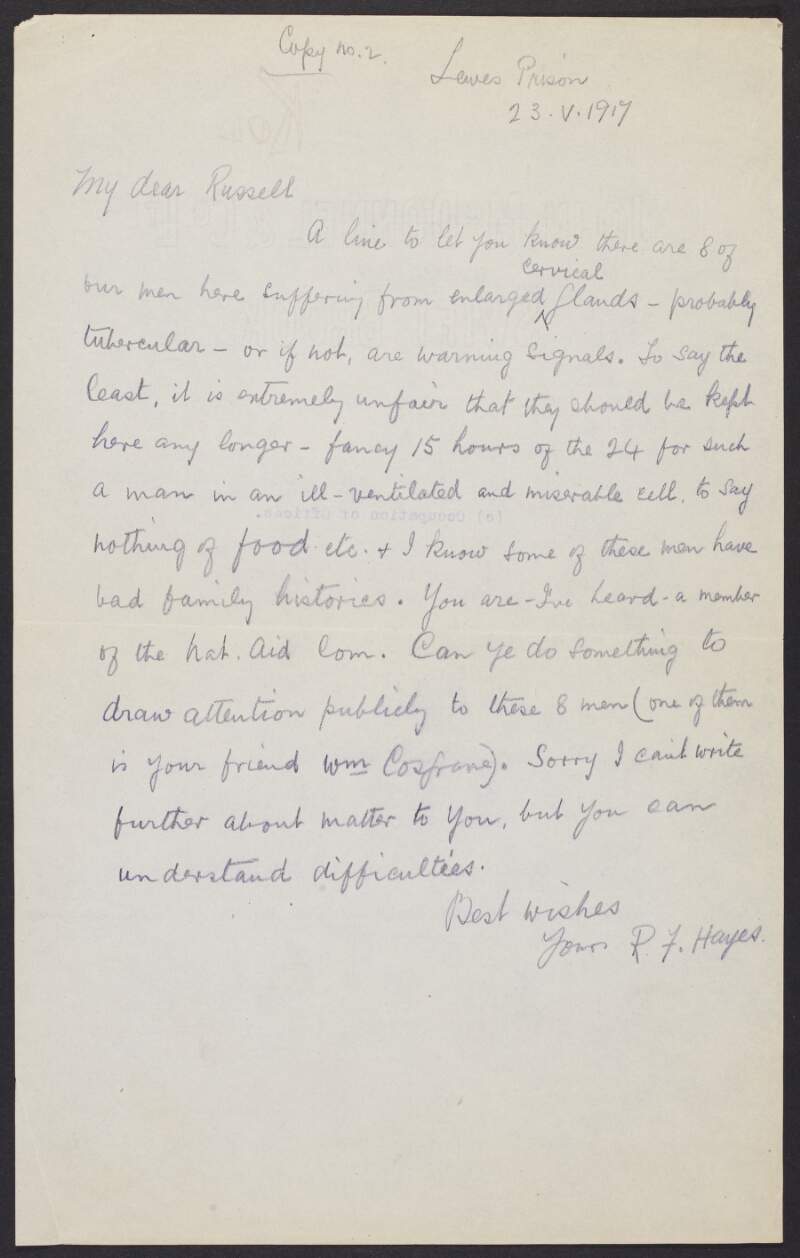 Copy letter from R. F. Hayes to an unidentified recipient regarding the health of Irish prisoners in Lewes Prison,
