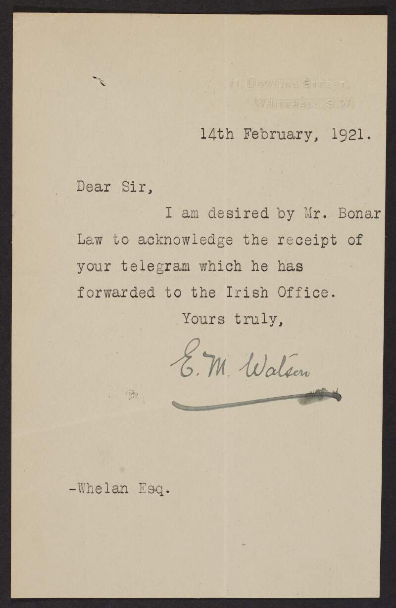 Letter from E. M. Watson, 11 Downing Street, Whitehall, London, to Michael Noyk acknowledging receipt of telegram on behalf of Andrew Bonar Law,