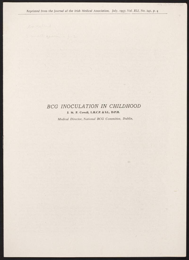 Pamphlet including an article "BCG Inoculation in Childhood" by John Saint Patrick Cowell,