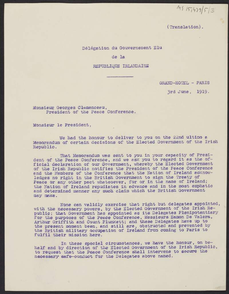 Letter from the Envoys in Paris of the Elected Government of the Irish Republic, George Gavan Duffy and Seán T.Ó Ceallaigh to Georges Clemenceau regarding the recognition of Ireland as a sovereign state,