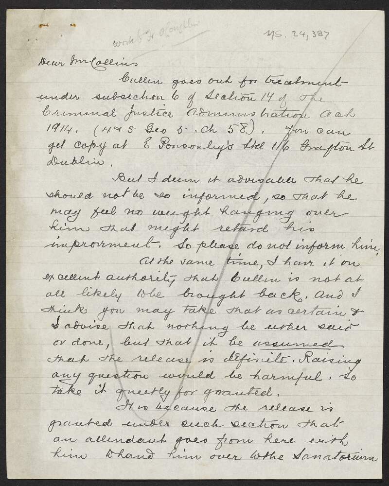 Letter from Fr. A. J. O'Loughlin to Michael Collins, INAAVD, regarding the release of Tom Cullen from Lewes prison,