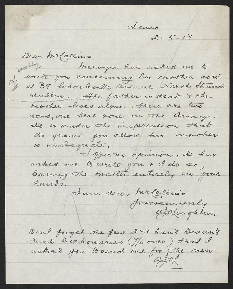 Letter from Fr. A. J. O'Loughlin to Michael Collins, INAAVD, regarding travel arrangements to Dublin,