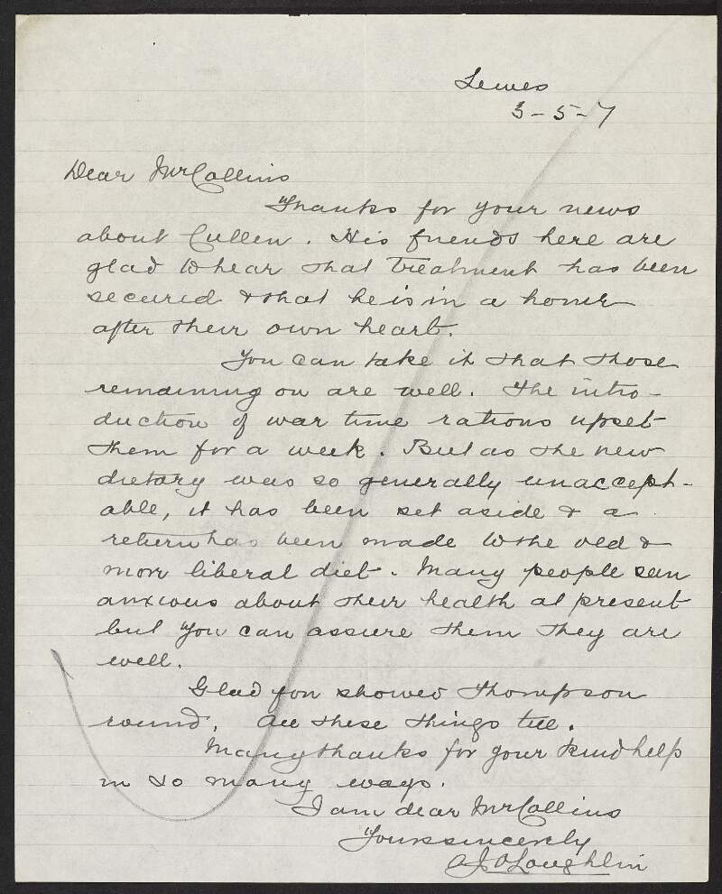 Letter from Fr. A. J. O'Loughlin, Lewes Prison, to Michael Collins, INAAVD, regarding a complaint from Michael Mervyn regarding an allowance for his mother,