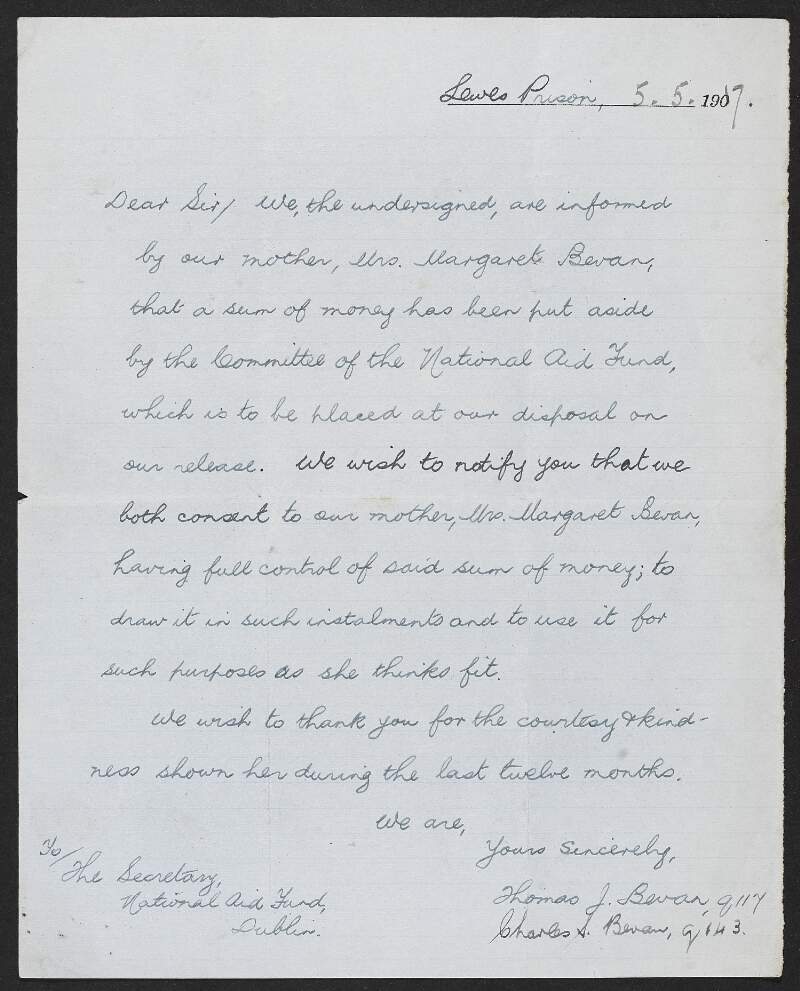 Letter from Thomas J. Bevan and Charles S. Bevan, Lewes Prison, to the INAAVD requesting that money put aside by the INAAVD for their release is given to their mother,