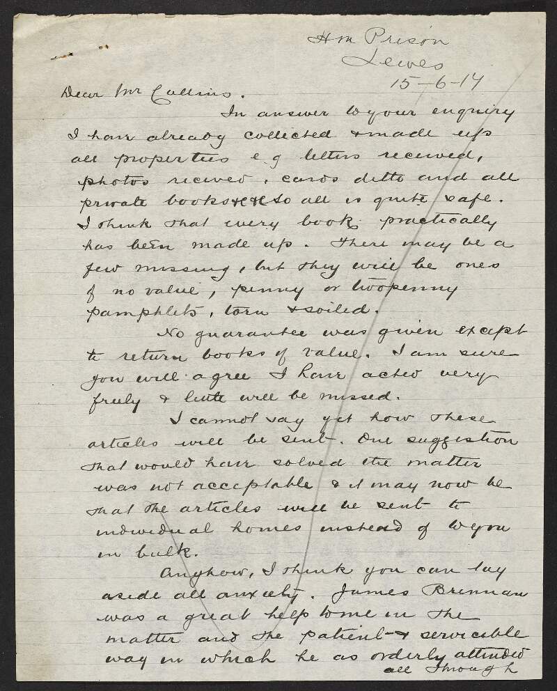 Letter from Fr. A. J. O'Loughlin, Lewes Prison, to Michael Collins, INAAVD, regarding the removal and transportation of books and other belongings from Lewes Prison,