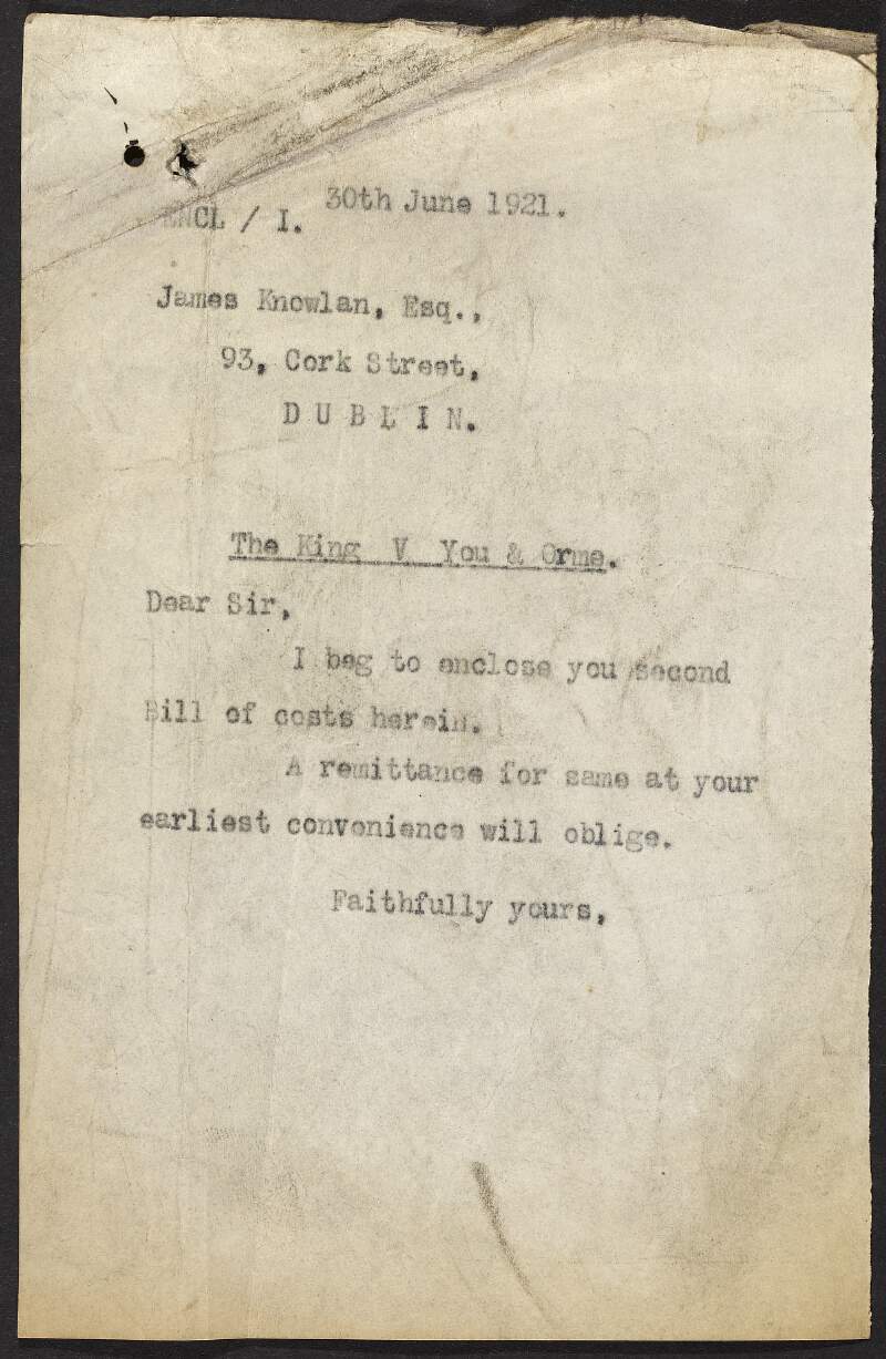 Copy letter from Michael Noyk to James Knowlan, 93 Cork Street, Dublin, regarding Bill of Costs,
