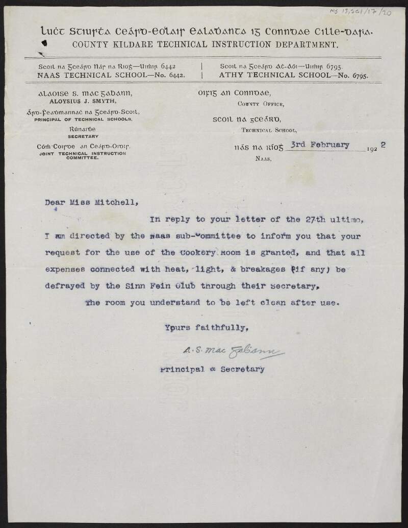Letter from Aloysius J. Smyth, Principal of County Kildare Technical Instruction Department, to May Mitchell, Naas Sinn Féin Club, permitting use of the cookery room in the school,