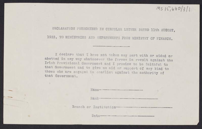 Declaration prescribed in circular letter dated 11 August 1922, to ministries and departments from Ministry of Finance,