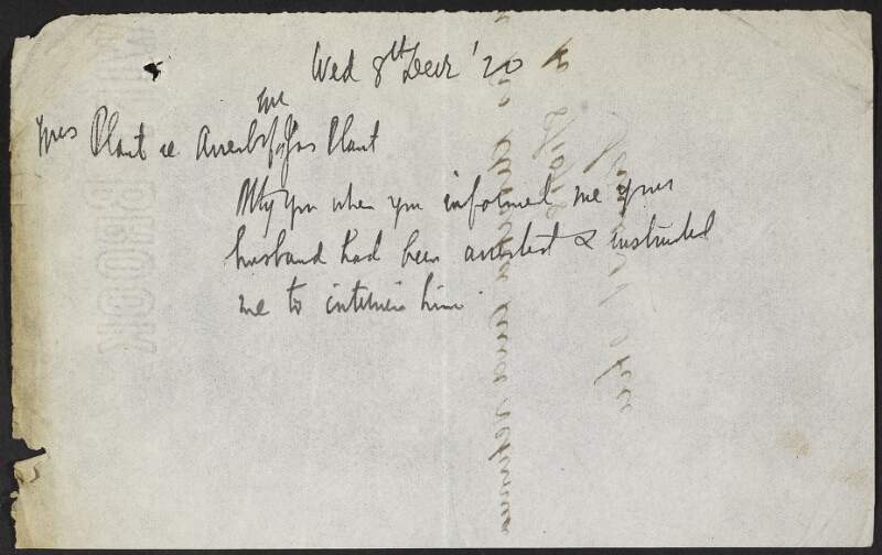 Draft letter from Michael Noyk to Mrs. Plant regarding the arrest of her husband, James Plant,