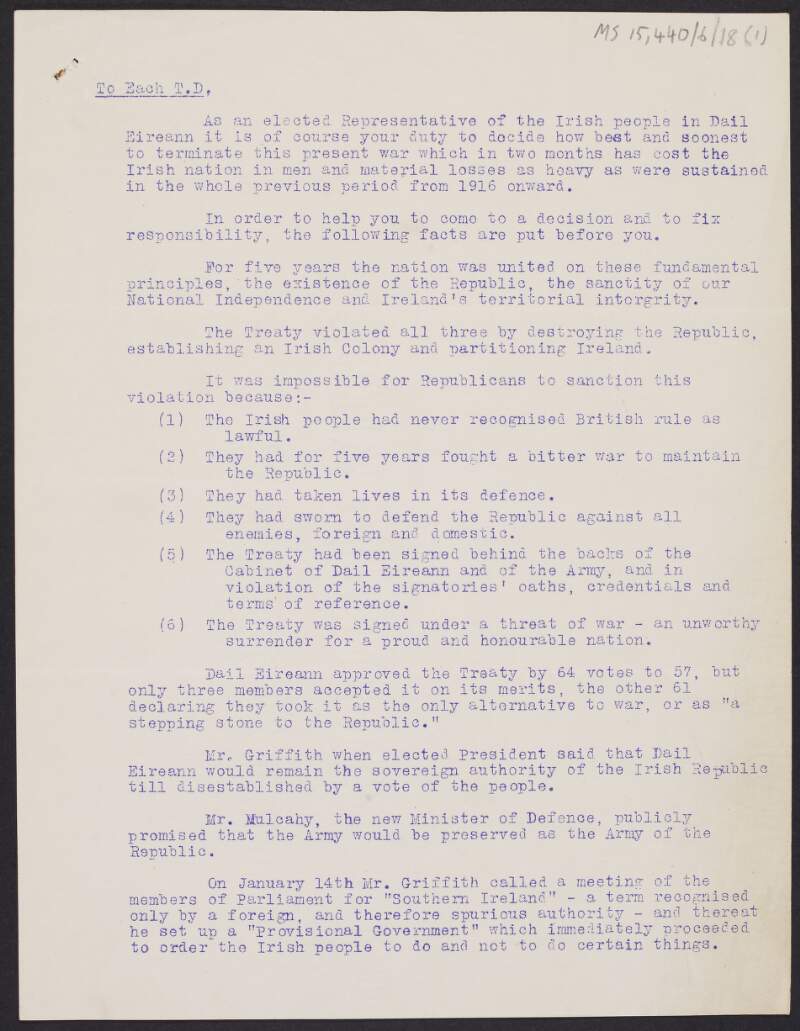 Statement to each T.D. from the anti-Treaty side regarding the Anglo-Irish Treaty and the Irish Civil War,