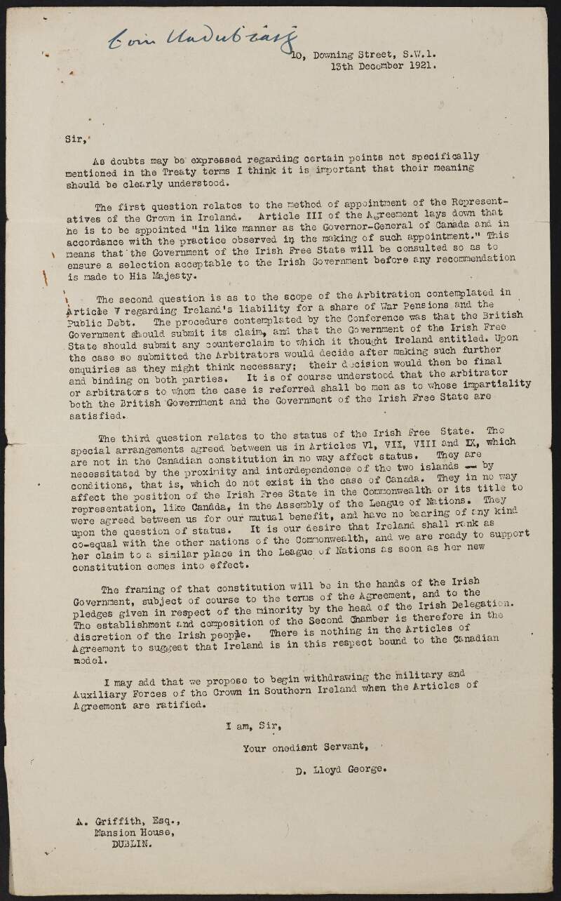 Typescript copy letter from David Lloyd George to Arthur Griffith regarding the Treaty,