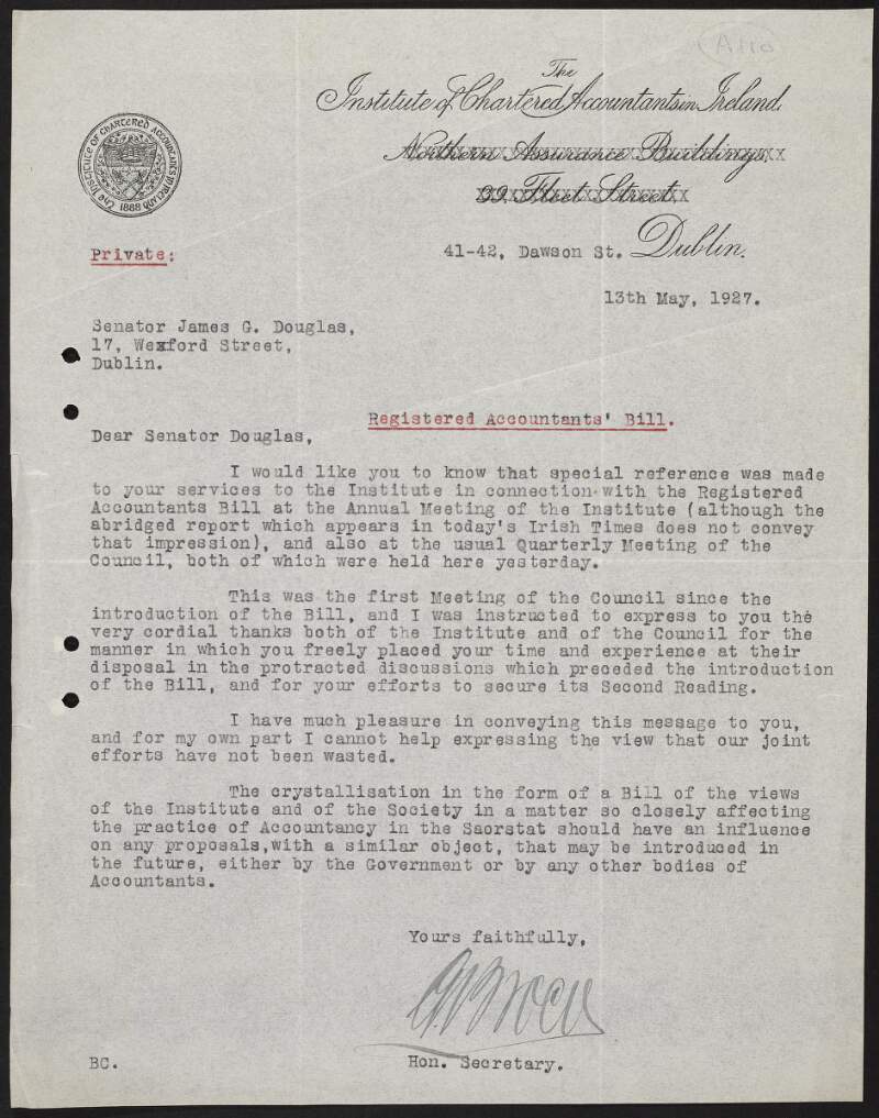 Letter from Institute of Chartered Accountants of Ireland to James Green Douglas regarding the Registered Accountants' Bill,