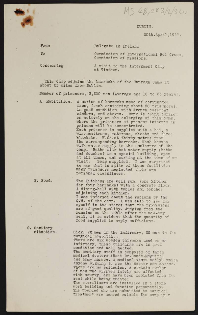 Typescript report from Rodolphe A. Haccius, Commission of International Red Cross, regarding inspection of  the internment camp at Tintown,