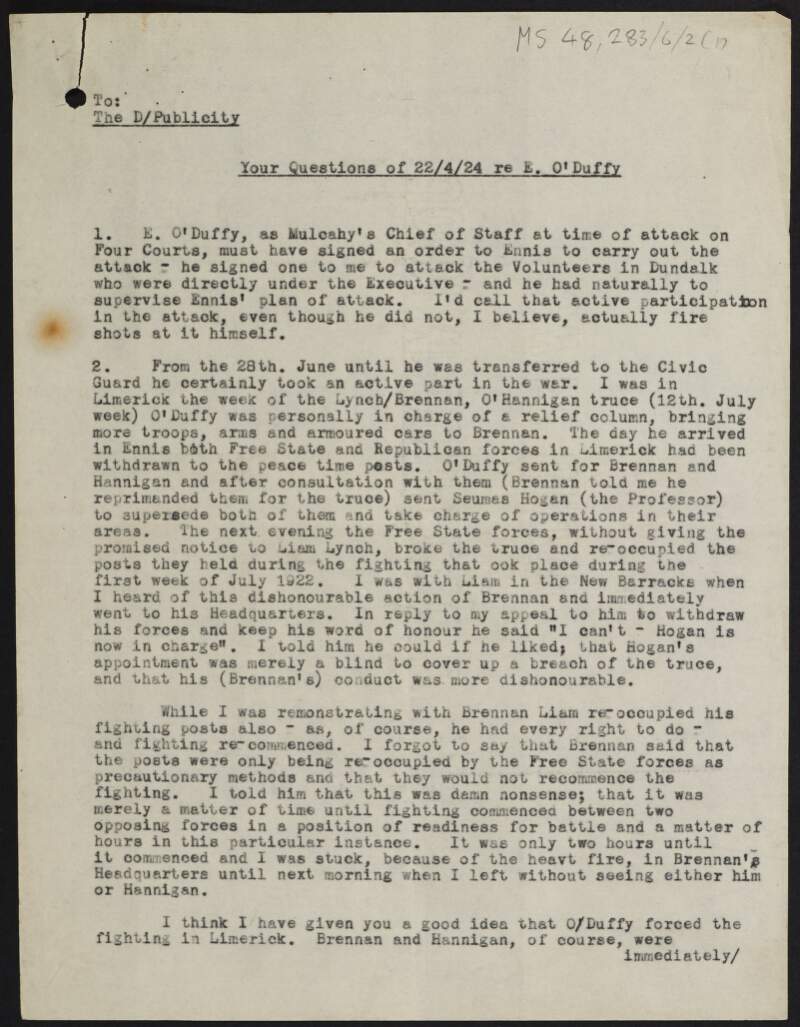 Typescript copy letter from Frank Aiken, Chief of Staff, IRA [Irish Republican Army], to Mary MacSwiney, Director of Publicity, IRA [Irish Republican Army], regarding the military and political record of Eoin O'Duffy,