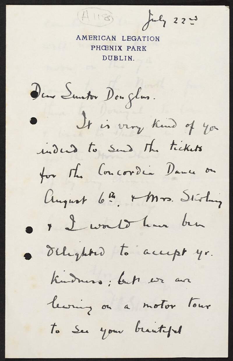 Letter from Frederick A. Sterling, American Legation, Phoenix Park, to James Green Douglas regarding tickets he sent to him for the Concordia Dance,