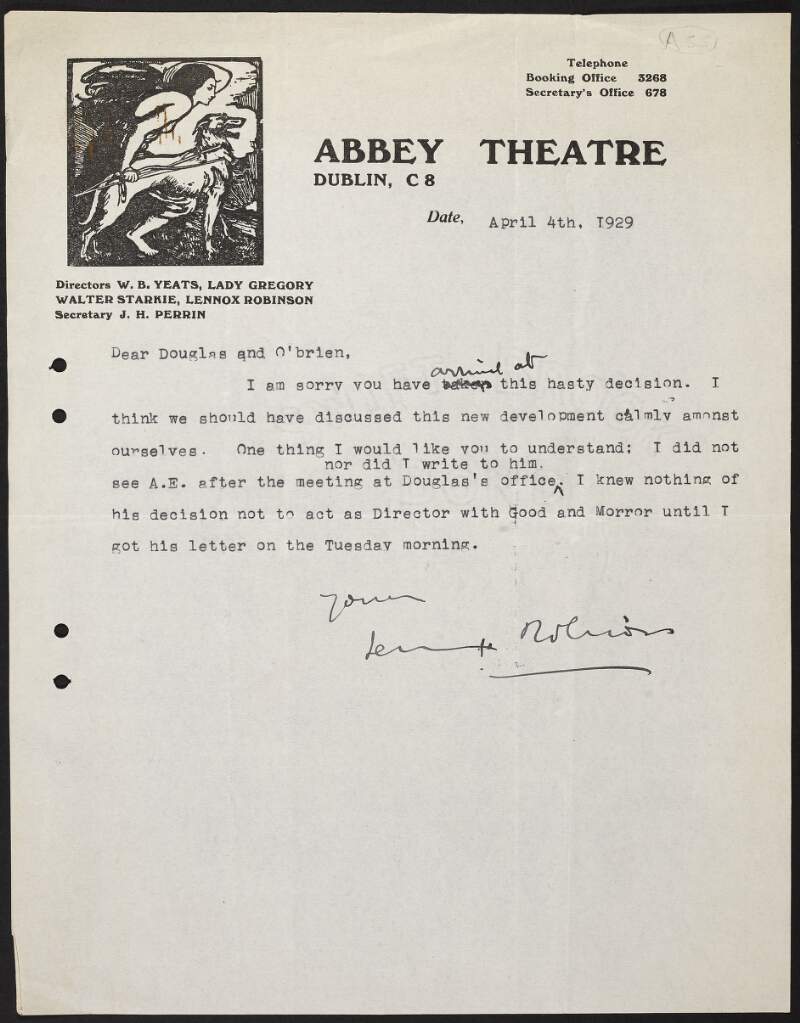 Letter from Lennox Robinson to James Green Douglas and [George] O'Brien regarding George William Russell's decision not to act as Director of 'Irish Statesman',