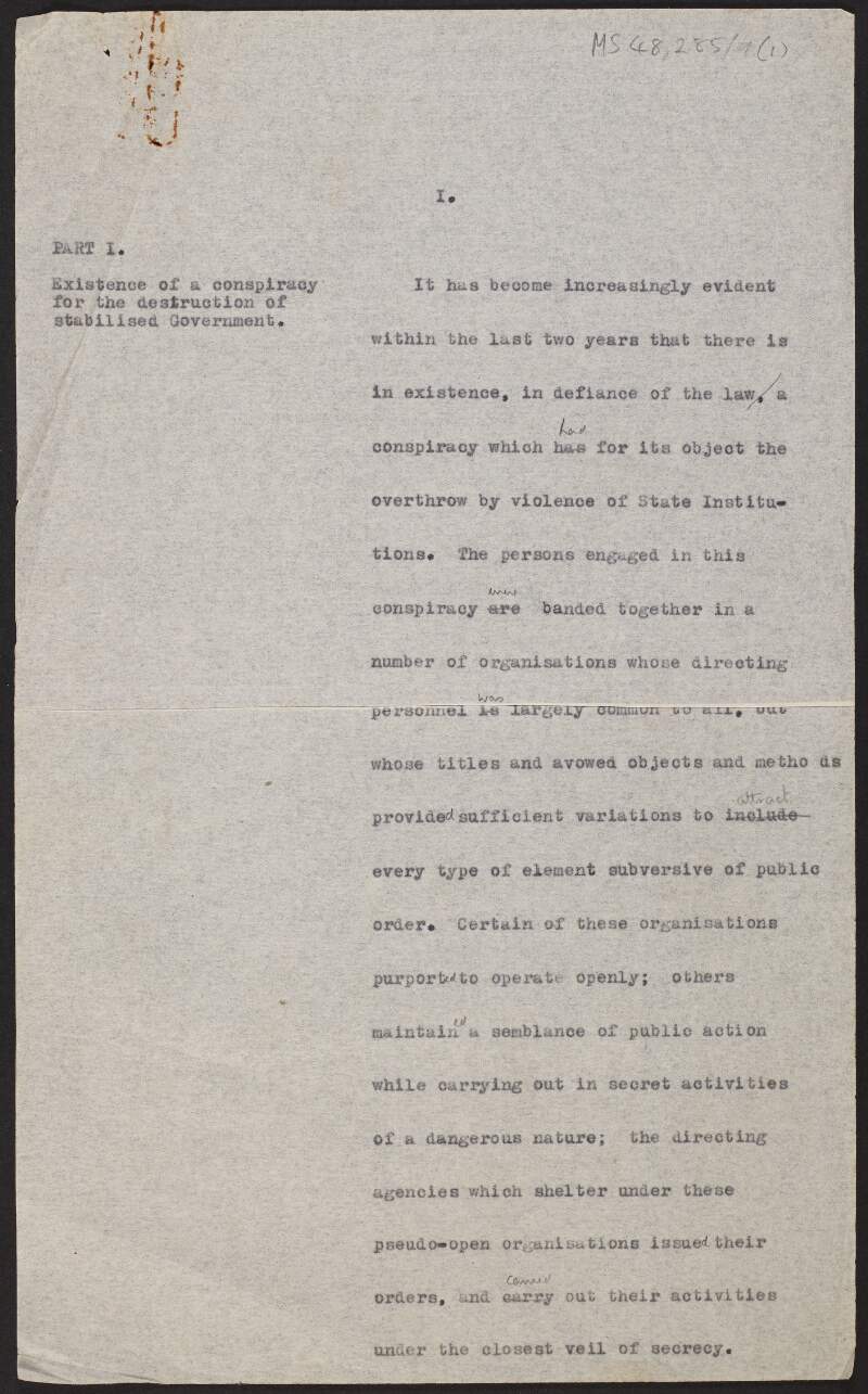 Typescript copy draft letter from President W.T. Cosgrave to Cardinal McRory regarding a conspiracy to overthrow state institutions in Ireland,