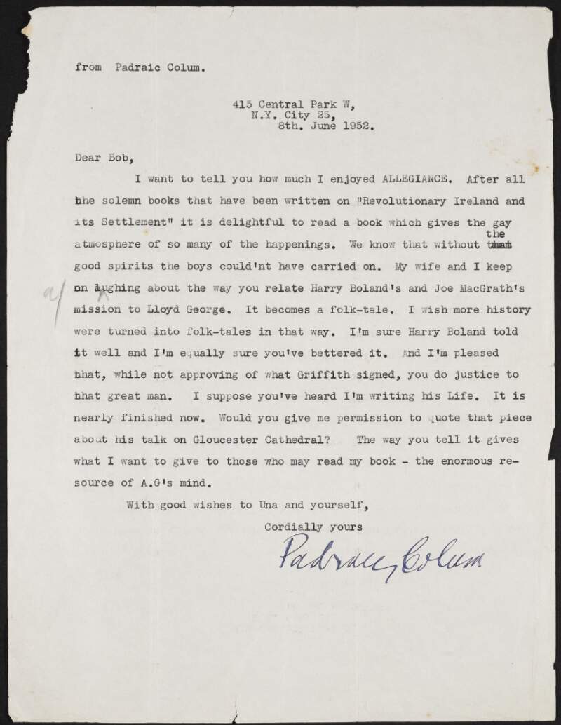 Letter from Paidraic Colum to Robert Brennan discussing how much he enjoyed 'Allegiance',