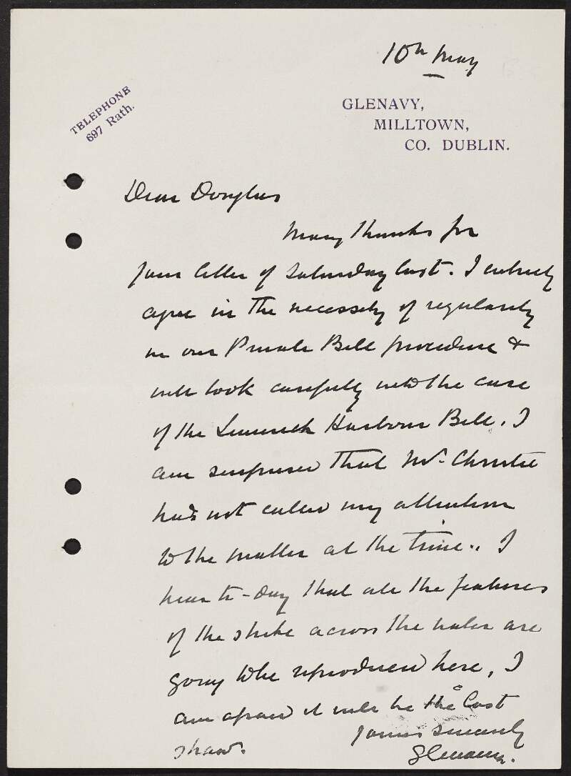 Letter from James Campbell, Baron Glenavy, to James Green Douglas regarding regulating bills,