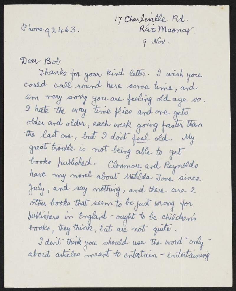 Letter from Rosamond Jacob to Robert Brennan regarding her struggle to get books published,