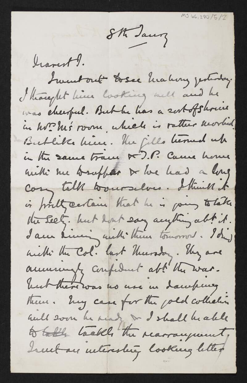 Letter from George Coffey to Jane Coffey with references to visiting [Pierce] Mahony and asking her to retain a letter from Saloman Reineach,