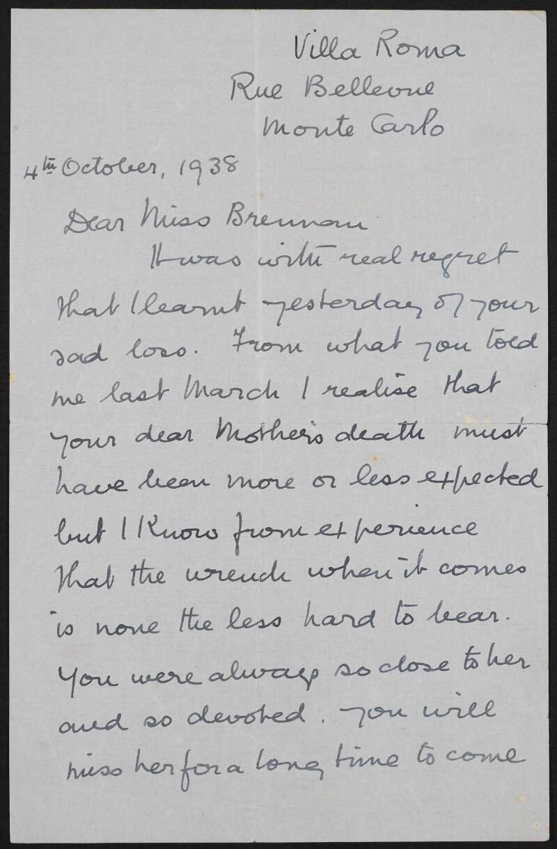 Letter from Máire O'Brien, Villa Roma, Rue Bellanova, Monte Carlo, to Miss Brennan offering condolences on the death of her mother,