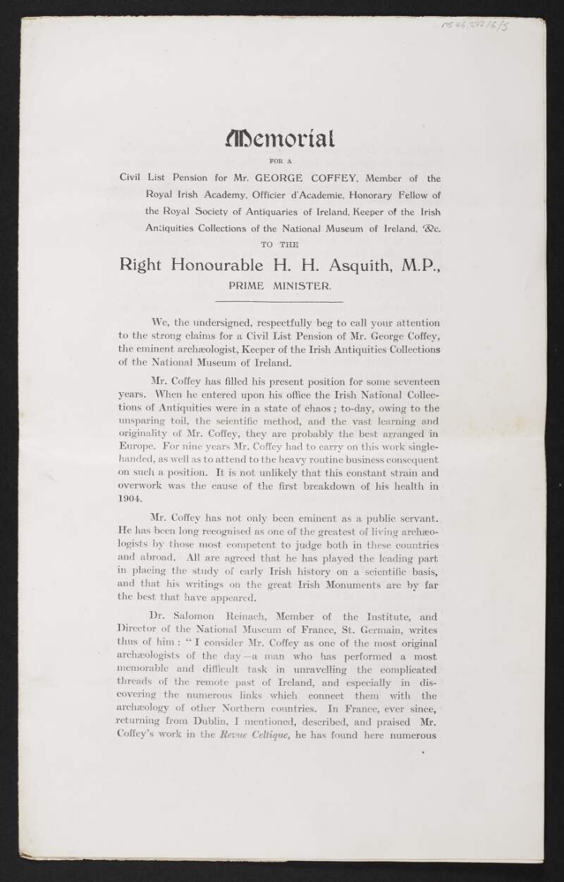 Letter from unidentified author, 10 Downing Street, to John Redmond forwarding a letter from Herbert Henry Asquith awarding George Coffey a Civil List Pension,