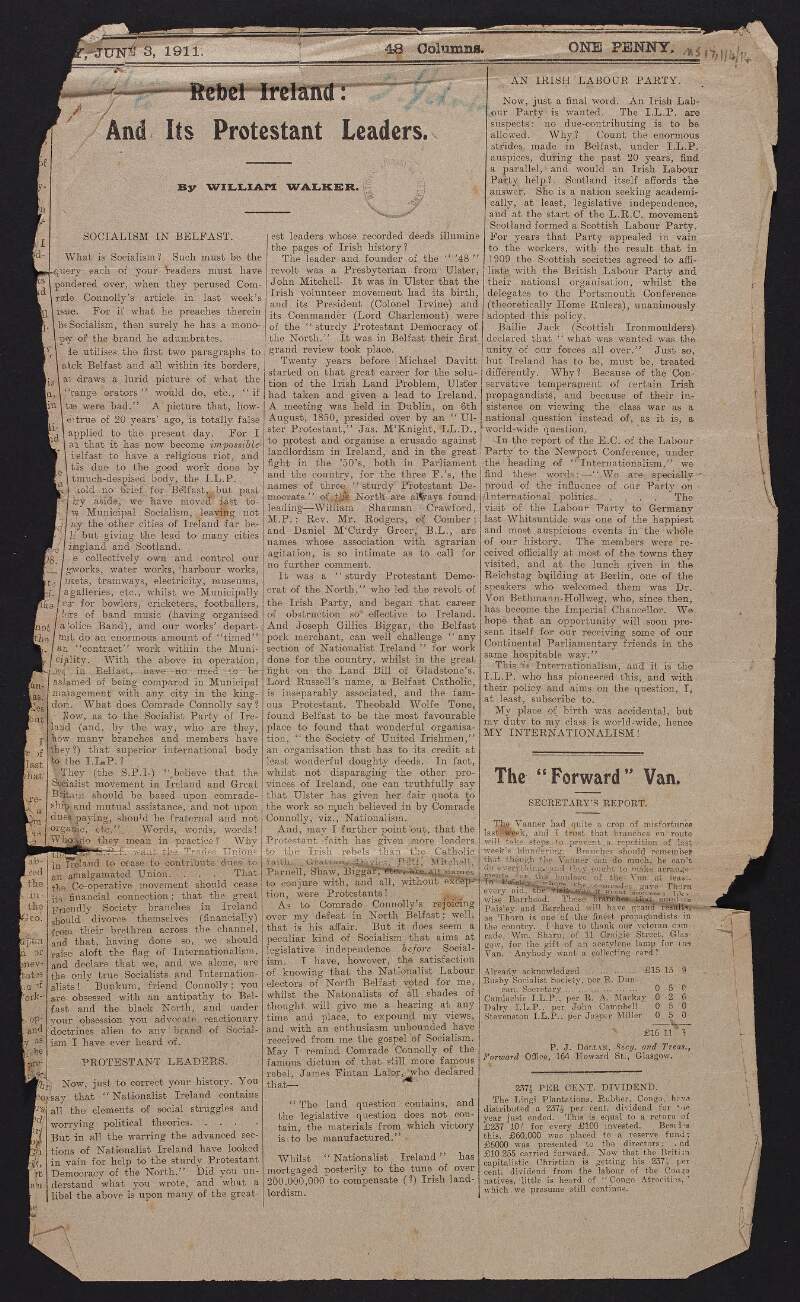 Newspaper cutting from 'Forward' with article by William Walker titled "Rebel Ireland: And Its Protestant Leaders.",