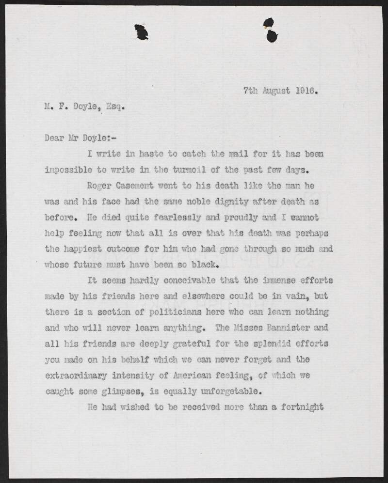 Partial letter from George Gavan Duffy to Michael Francis Doyle discussing the death of Roger Casement,