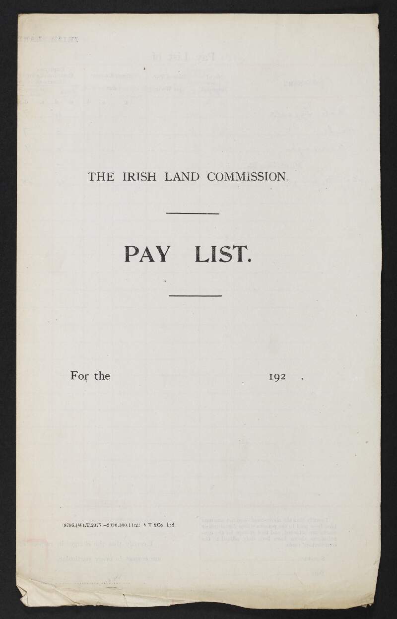 Pay list of the Irish Land Commission providing details of contributions for health and unemployment of employees,