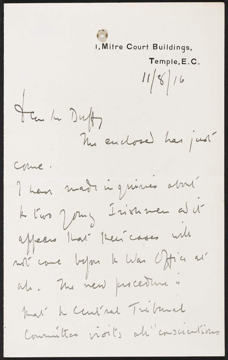 Letter from John Hartman Morgan to George Gavan Duffy briefly mentioning two young Irishmen whose cases will not come before the War Office,