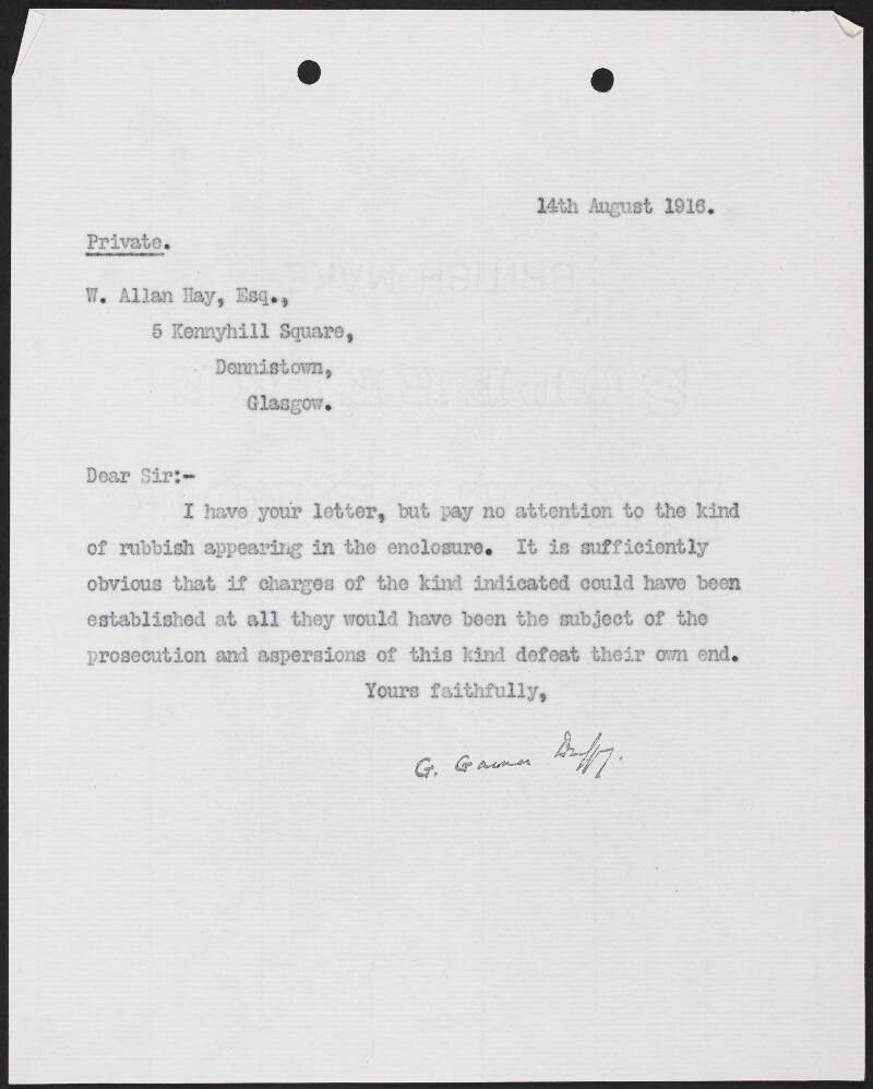 Letter from George Gavan Duffy to William Allan Hay, Kennyhill Sqaure, Dennistown, Glasgow, referring to a letter previously sent which concerned a newspaper article about Roger Casement,
