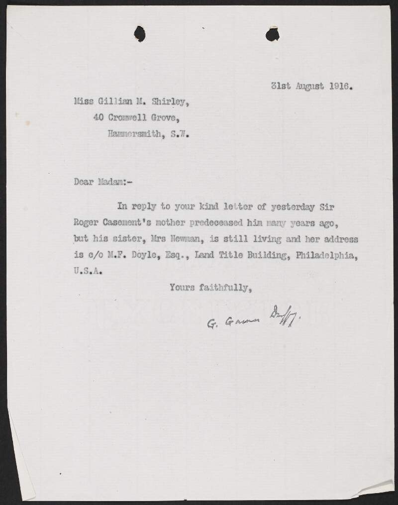 Letter from George Gavan Duffy to Gillian M. Shirley, Cromwell Grove, Hammersmith, providing the contact details for Roger Casement's sister, Agnes Newman,