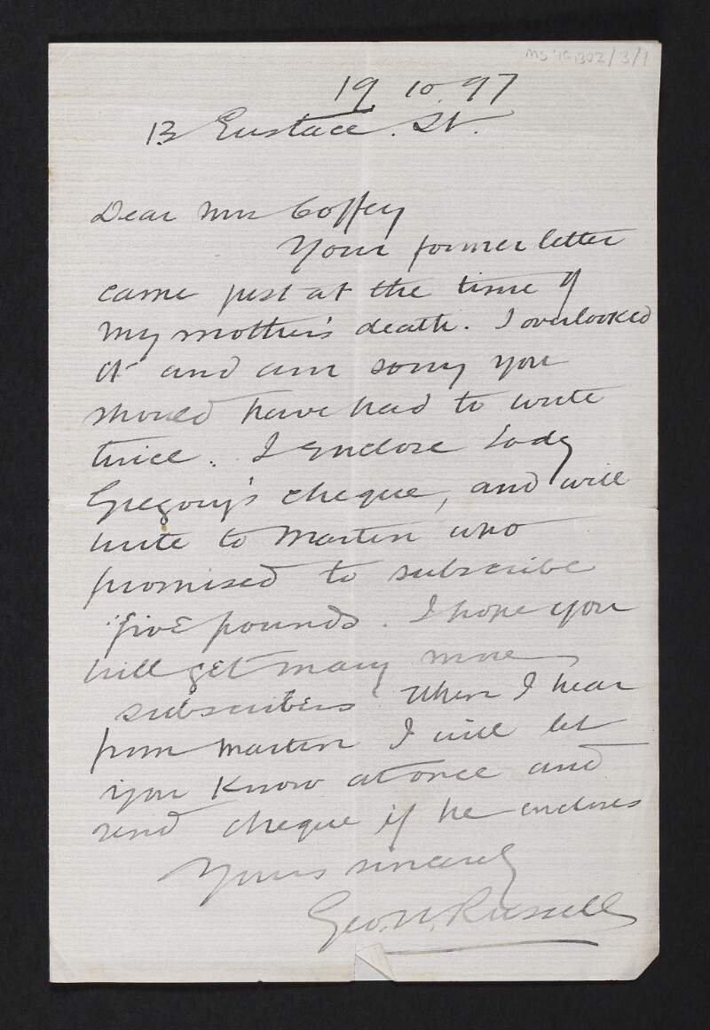 Letter from George William Russell to Jane Coffey forwarding a nonextant subscription cheque from Lady Gregory,