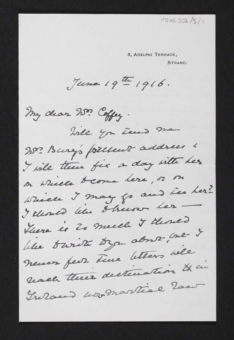 Letter from Jane Cobden Unwin to Jane Coffey requesting an address and the political situation in Ireland,