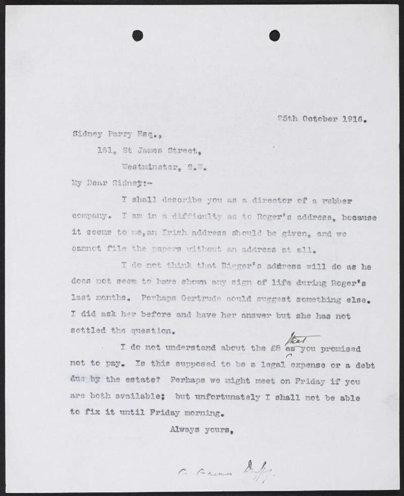 Letter from George Gavan Duffy to Methold Sidney Parry regarding an address for Roger Casement,
