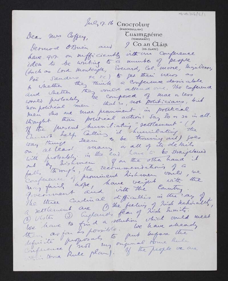 Letter from Edward E. MacLysaght to Jane Coffey regarding a conference he is organising with Dermod O'Brien on Irish politics,