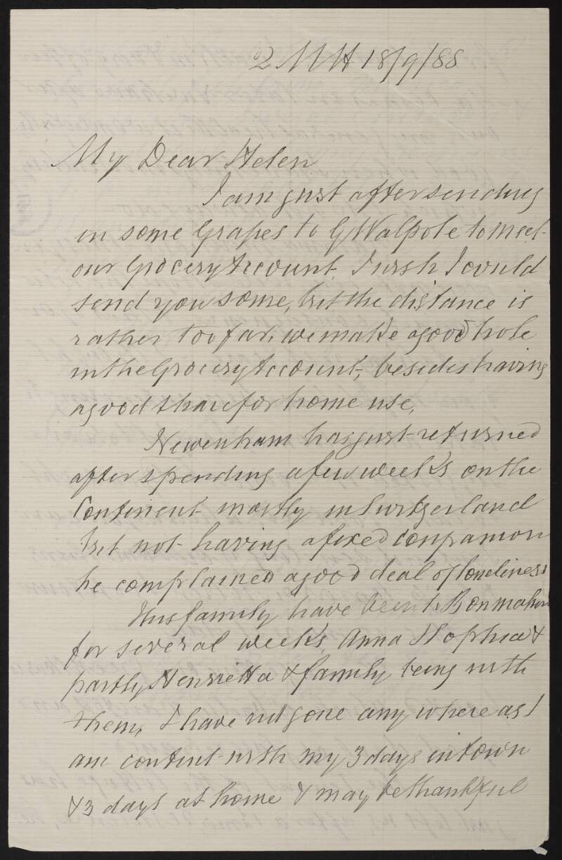 Letter from Thomas Smith Harvey to his daughter Helen Elizabeth Harvey,