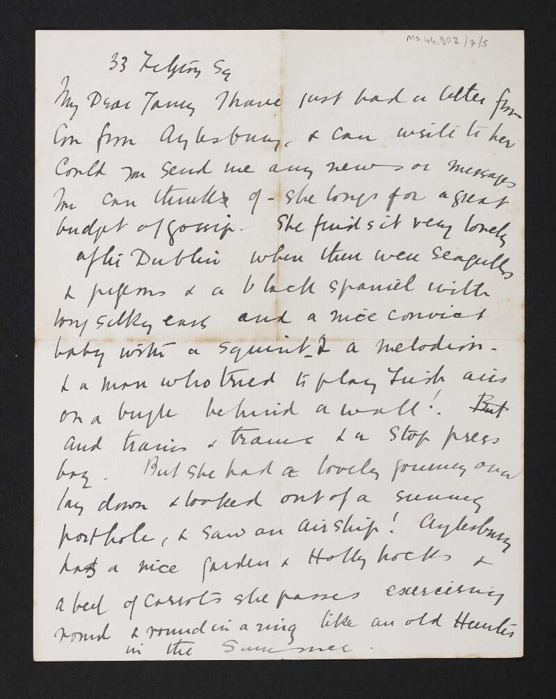 Letter from Eva Gore-Booth to Jane Coffey regarding a letter she has received from Constance Markievicz in Aylesbury, Buckinghamshire,