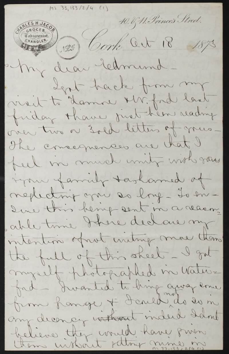 Letter from Louis Jacob, Cork, to Edmund Harvey, Salem, Ohio, USA, about family,