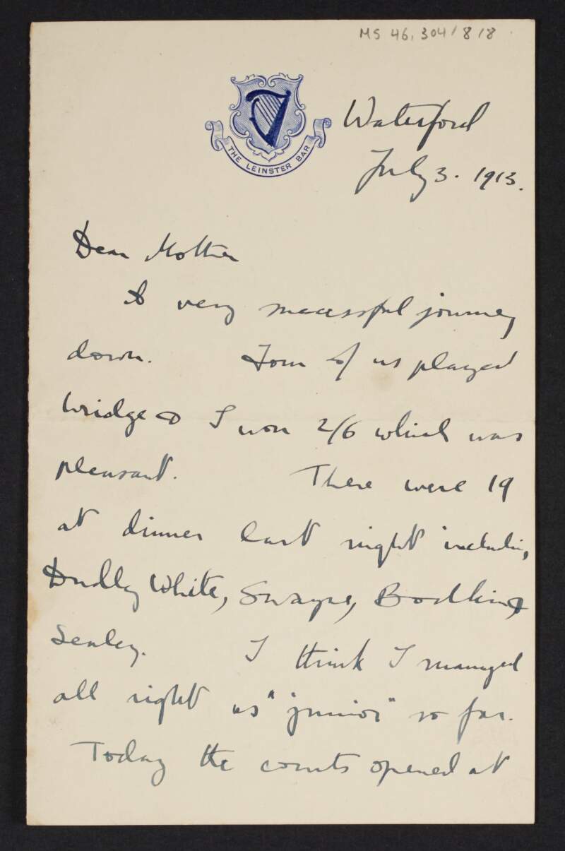 Letter from Diarmid Coffey, Waterford, to Jane Coffey regarding his journey to Waterford and his plans to travel to Clonmel later in the week,