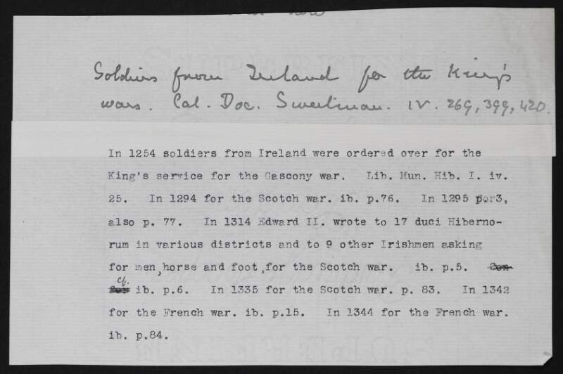 Note titled "Soldiers from Ireland for the king's wars",