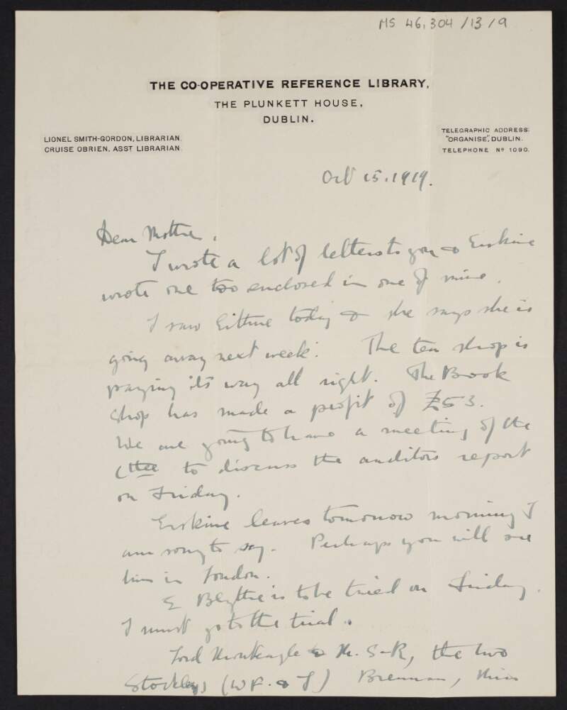 Letter from Diarmid Coffey, Dublin, to Jane Coffey telling her how the tea room and the book shop are doing well and that he may be going on a trip around Ireland with an Egyptian called "Rashad",