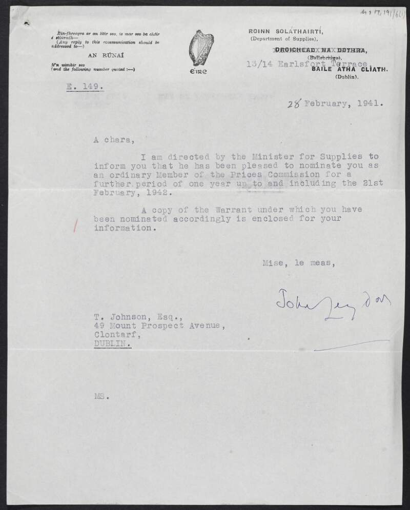 Letter from John Leydon, Department of Supplies, to Thomas Johnson informing him he had been nominated as an Ordinary Member of the Prices Commission, with Warrant enclosed,