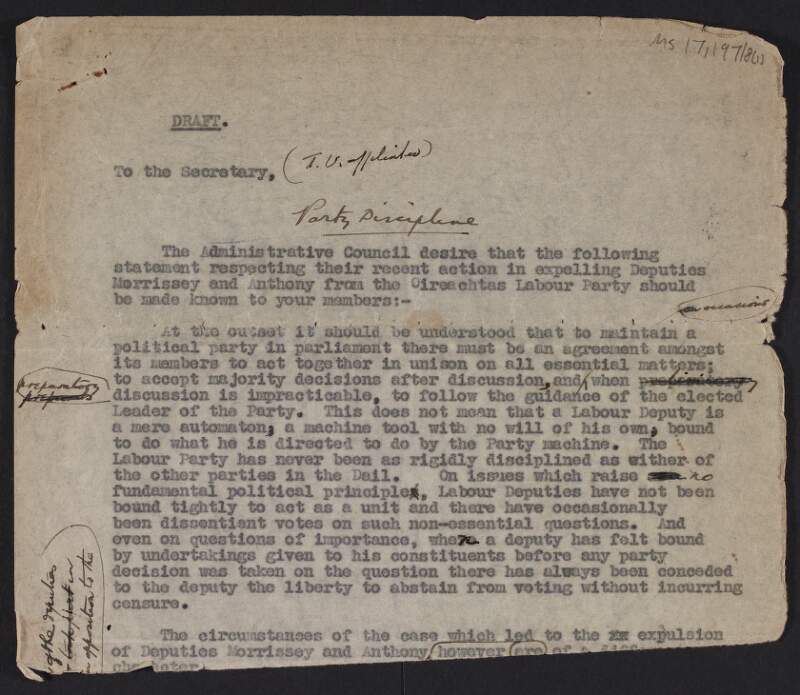 Draft statement with manuscript notes by Thomas Johnson on the expulsion of Daniel Morrissey and Richard Anthony from the Labour Party in 1931,