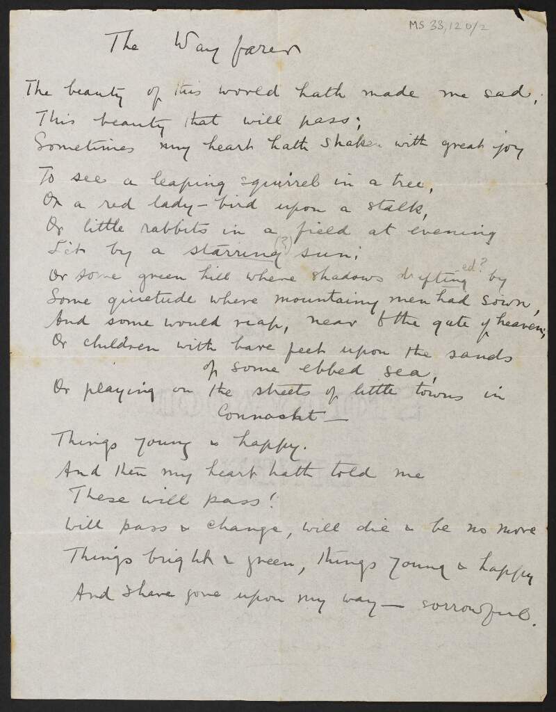 Transcription of Patrick Pearse's poem "The Wayfarer" by Rosamond Jacob,