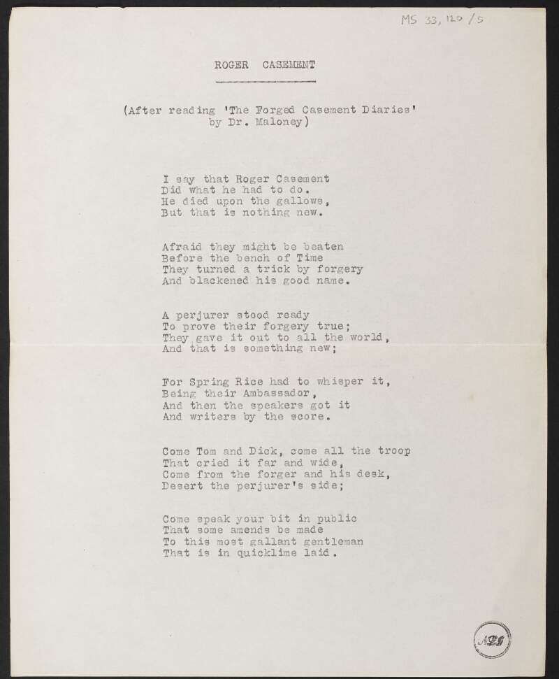 Poem titled "Roger Casement" by Rosamond Jacob,